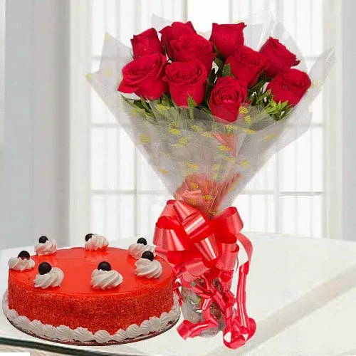 Stunning Red Rose Bouquet with Red Velvet Cake