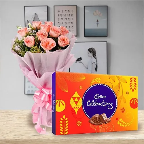 Marvelous Pink Rose Bouquet with Cadbury Celebrations Pack