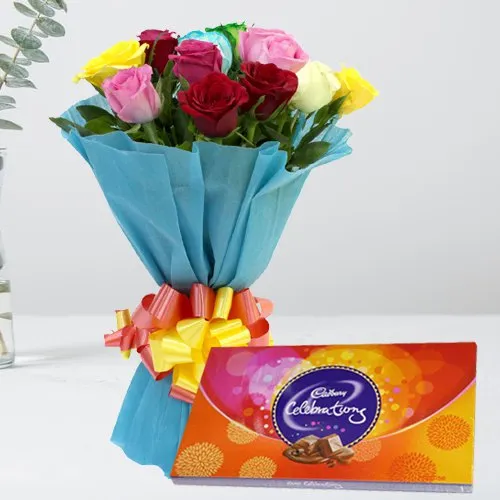 Gorgeous Mixed Roses Bouquet with Cadbury Celebrations