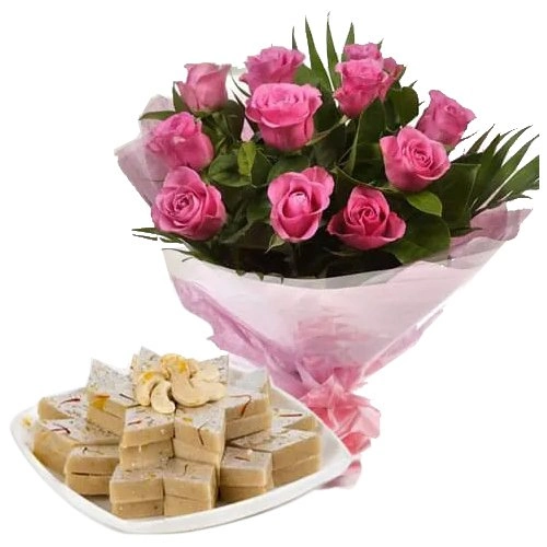 Marvelous Pink Roses Bouquet with Kaju Katli