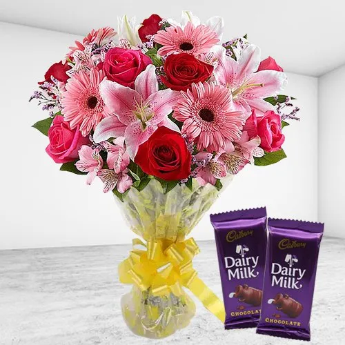 Lovely Mixed Flowers Bouquet and Cadbury Chocolates