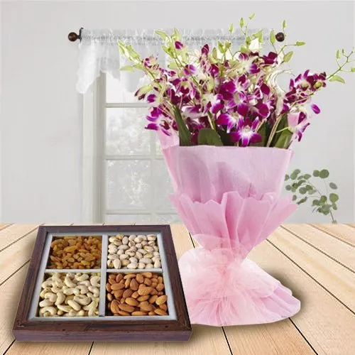 Special Dry Fruits Tray with Orchids Bouquet