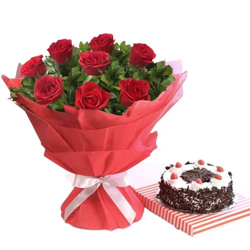 Delicious Black Forest Cake with Red Rose Bouquet