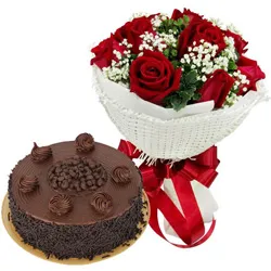 Exotic Red Rose Bouquet and Chocolate Cake