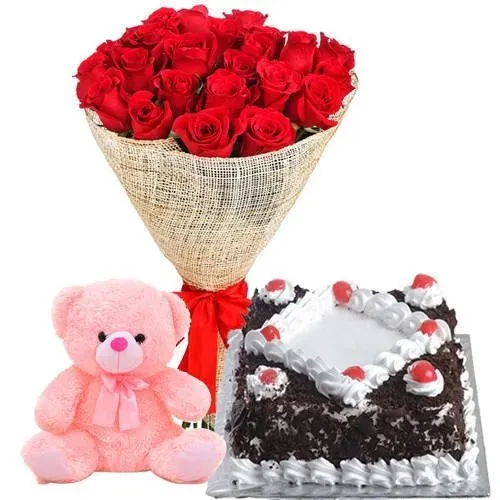 Delicious Black Forest Cake with Red Rose Bouquet and Teddy