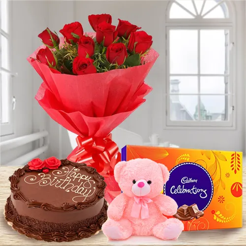 Chocolate Cake with Rose Bouquet Teddy and Cadbury Celebrations