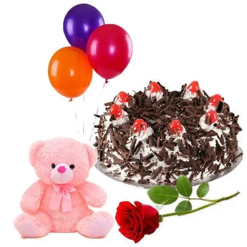 Gift Red Rose with Black Forest Cake, Teddy N Balloons