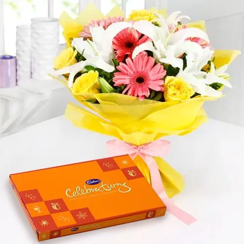 Captivating Bouquet of Mixed Flowers with Cadbury Celebrations