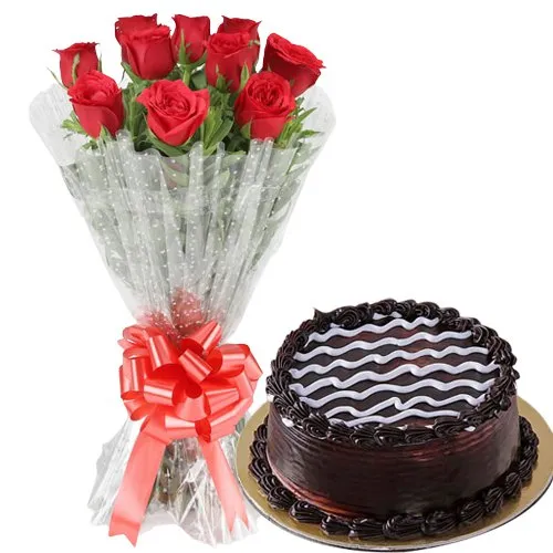 Vibrant Red Rose Bouquet with Chocolate Cake