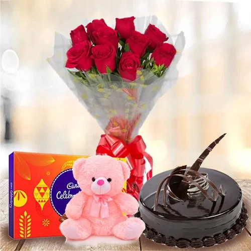 Cute Teddy with Chocolate Cake Red Rose Bouquet N Cadbury Celebrations