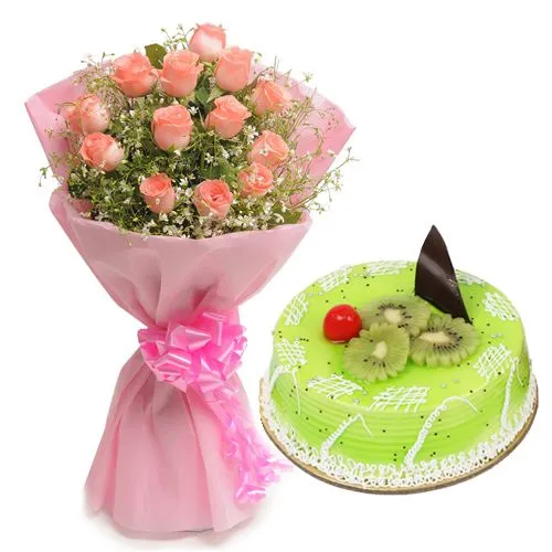 Expressive Bouquet of Red Roses with Kiwi Cake