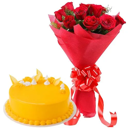 Marvelous Red Roses Bouquet with Mango Flavour Cake