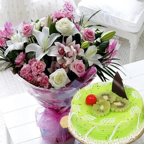 Buy Mixed Flowers Bouquet N Kiwi Cake