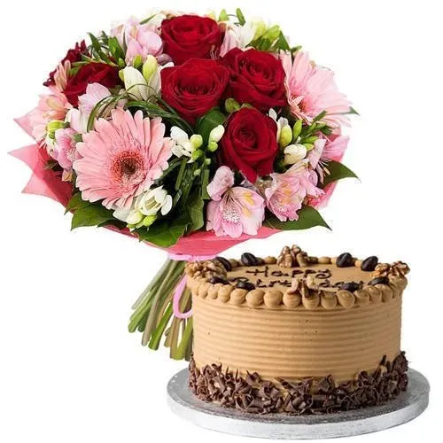 Delightful Combo of Mixed Flowers Bouquet N Coffee Cake
