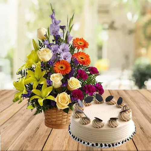 Radiant Mixed Flowers Arrangement with Coffee Cake
