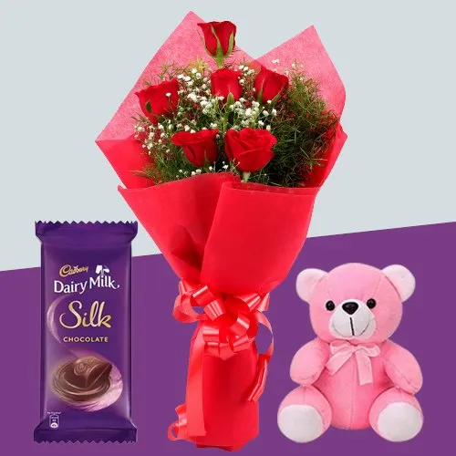 Fragrant Red Roses Bouquet with Teddy N Cadbury Dairy Milk Silk