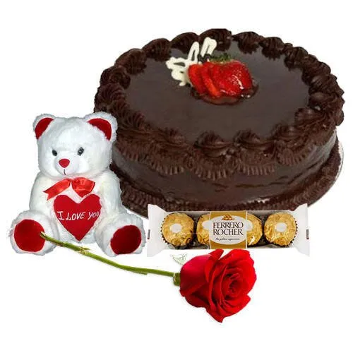 Delectable Chocolate Cake with Teddy Red Rose N Ferrero Rocher