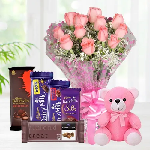 Bouquet of Pink Roses with Teddy N Assorted Cadbury Chocolates