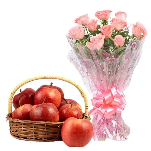 Delicious Apples in Basket with Pink Rose Bouquet