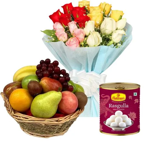 Order Mixed Fruits Basket with Mixed Roses Bouquet and Haldirams Rasgulla