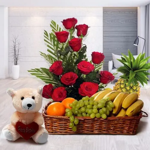 Delectable Mixed Fruits Basket with Teddy and Roses Arrangement