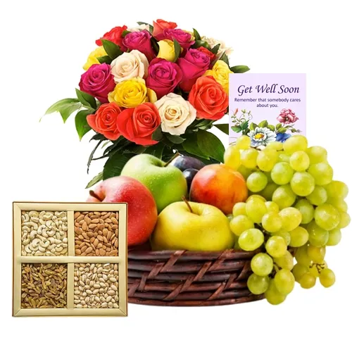 Combo of Assorted Fruits Basket with Dry Fruits N Flowers Arrangement