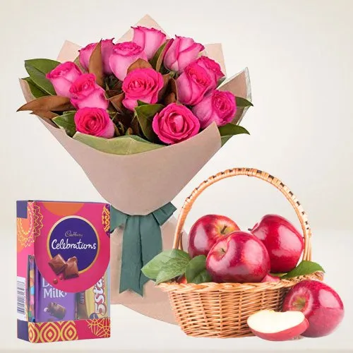 Beautiful Pink Roses with Apples Basket and Cadbury Dairy Milk Celebration