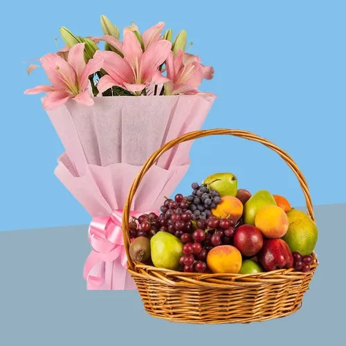 Fresh Fruits Baskets with Lilies Bouquet