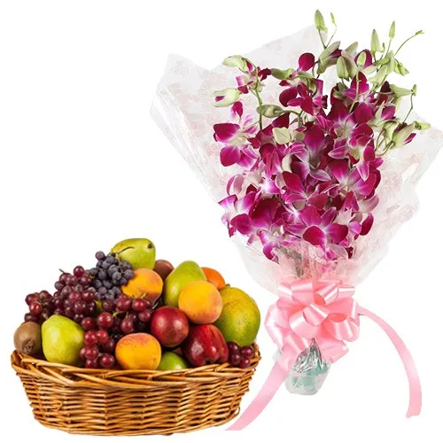 Delectable Fresh Fruits Basket with Orchids Bouquet