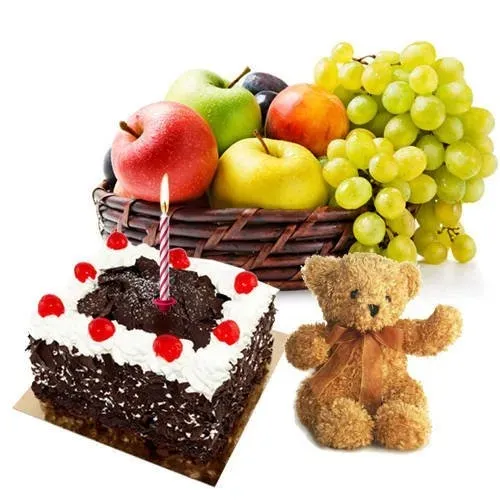 Delicious Fruits Basket Black Forest Cake and Teddy with Candles