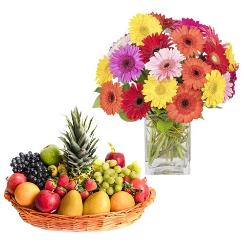 Premium Fresh Fruits Basket with Gerberas in a Vase