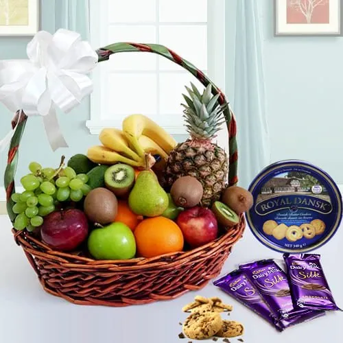 Special Danish Cookies N Chocolate Gift Basket with Fruits