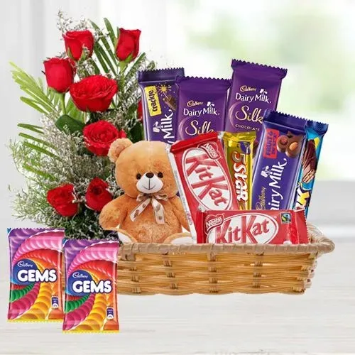 Yummy Chocolates Gift Basket with Red Roses