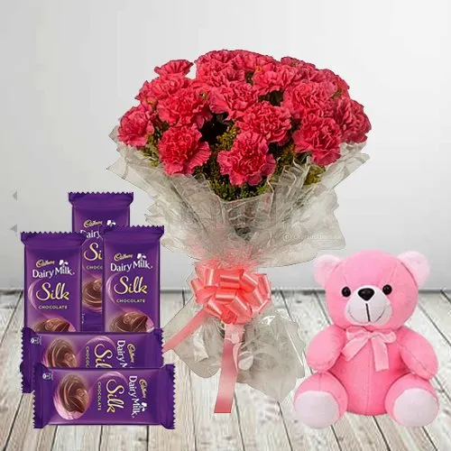 Wonderful Carnations Bouquet with Chocolates N Teddy