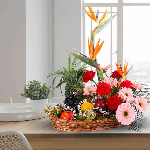 Exotic Fresh Fruits Basket and Mixed Flowers