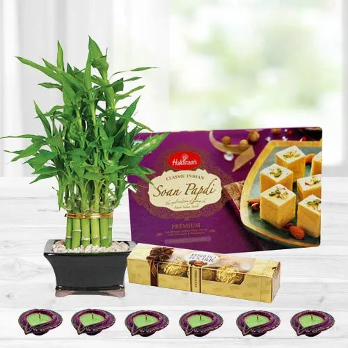 Diwali Sweets Chocolates Diya with Lucky Bamboo Tree