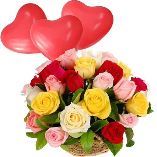 Mixed Roses Arrangement with Red Heart Shaped Balloons
