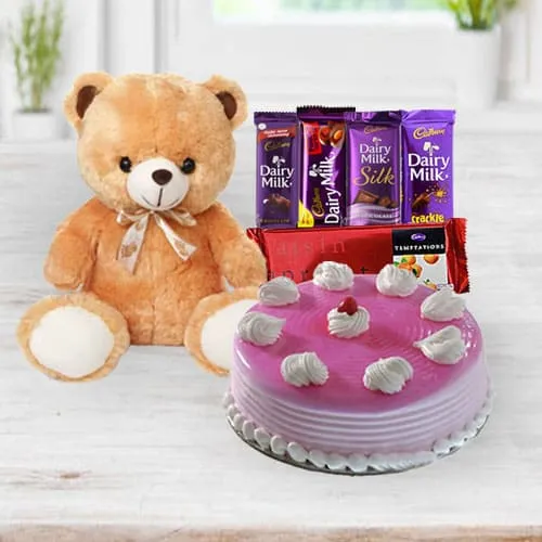 Order Strawberry Cake with Chocolates N Teddy