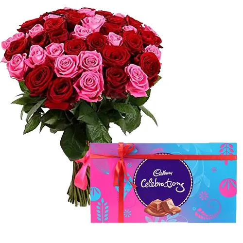 Wonderful Pink and Red Roses with Assorted Chocolates