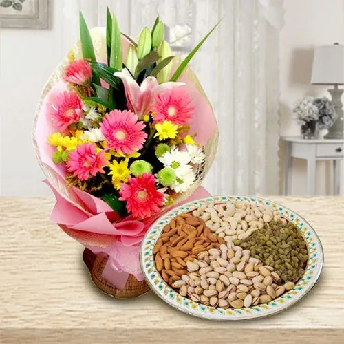 Seasonal Flowers with Assorted Dry Fruits