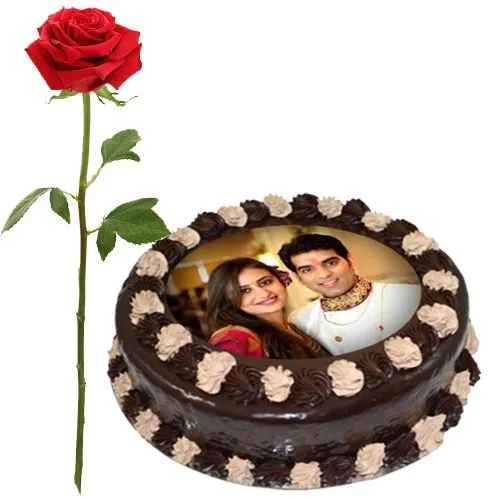 Adorable Gift of Single Red Rose with Chocolate Photo Cake