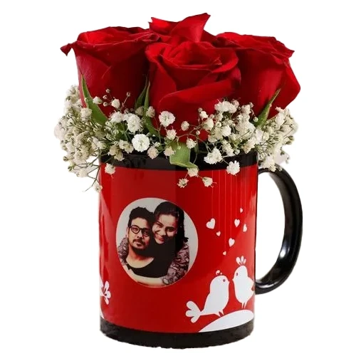 Valentine Arrangement of Red Roses in Personalized Photo Coffee Mug