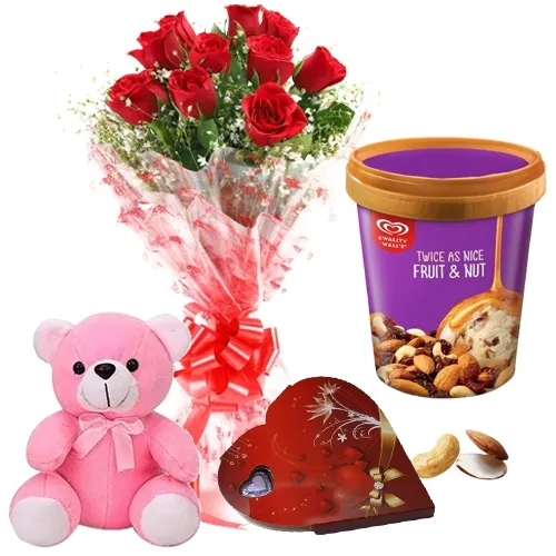Lovely Roses with Kwality Walls Fruit n Nut Ice Cream Teddy n Handmade Love Chocolate