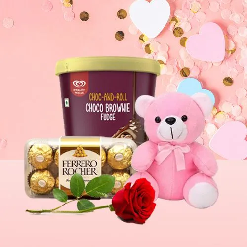 Yummy Ferrero Rocher, Kwality Walls Choco Brownie Ice Cream with Teddy n Single Rose