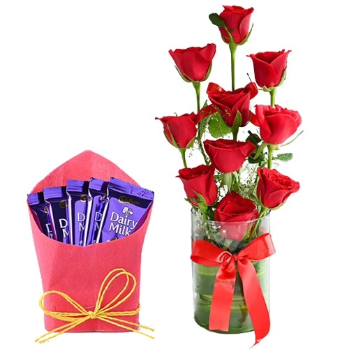 Expressive Love Red Roses in Glass Vase with Cadbury Dairy Milk