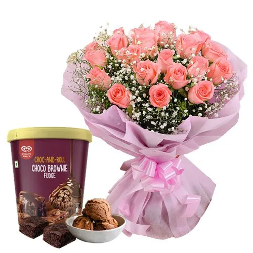 Eye-Catching Pink Roses with Kwality Walls Choco Brownie Fudge Ice Cream