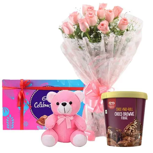 Pretty Pink Roses n Kwality Walls Brownie Ice Cream with Cadbury Chocolate n Teddy