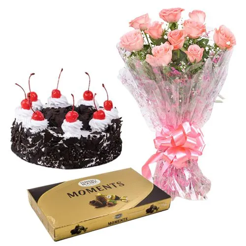 Scrumptious Black Forest Cake with Pink Roses N Ferrero Rocher Moment