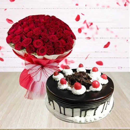 Red Roses with Black Forest Cake