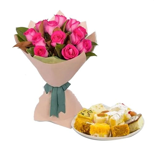 Pink Roses Bouquet with Mixed Sweets Box